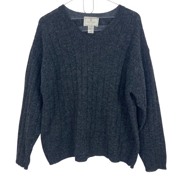 Vintage 90s Express Chunky Wool V Neck Sweater Womens Large Gray Boxy Ribbed - Picture 1 of 6